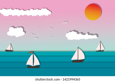 Yacht sailing on opened sea. Summer holidays concept. Little Boat in blue ocean.