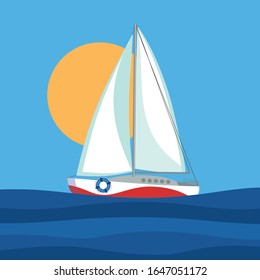 Yacht sailing on sea waves. Summer vector illustration. Classic cobalt blue color. Nautical Marin icon. Water travel image. Tourism voyage. Yachting sports regatta. Bright colors flat design.