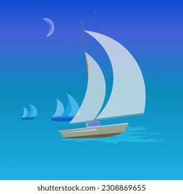 Yacht sailing on the see through night and fog. Stars and the moon appears in the sky. Vector illustration.