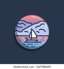 Yacht sailing in sea flat icon. Round colorful button, Seascape with mountains and sailboat circular vector sign. Flat style design