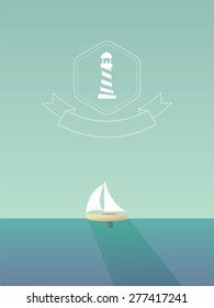 Yacht sailing in the sea. Traveling concept design with long shadow. Lighthouse hexagonal badge. Eps10 vector illustration.