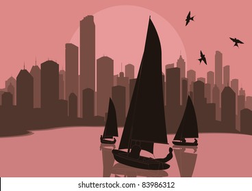 Yacht sailing in skyscraper city landscape illustration