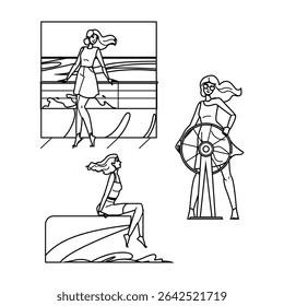 yacht sailing trip woman vector. vacation travel, sea ship, happy cruise yacht sailing trip woman character. people black line pencil drawing illustration
