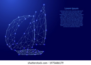 Yacht, sailing vessel from futuristic polygonal blue lines and glowing stars for banner, poster, greeting card. Vector illustration.