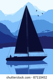 Yacht sailing in wild nature landscape illustration
