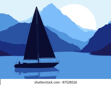 Yacht sailing in wild nature landscape illustration