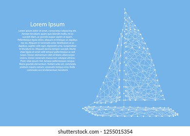 Yacht with sails from abstract futuristic polygonal white lines and dots on blue background for banner, poster, greeting card. Vector illustration.