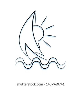 Yacht sails against the sunset. Line art on white background.