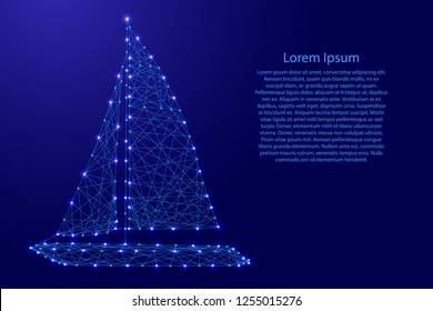 Yacht with sails from futuristic polygonal blue lines and glowing stars for banner, poster, greeting card. Vector illustration.