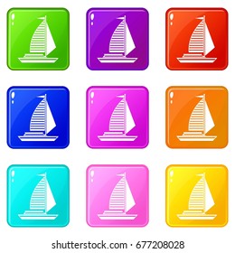 Yacht with sails icons of 9 color set isolated vector illustration
