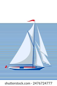 Yacht with sails sails on the sea. Vector illustration. Sketch for creativity.