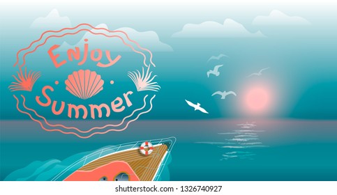 The yacht sails on the waves at sunset. Summer landscape with the inscription. Live coral. Banner or postcard for the tour operator.