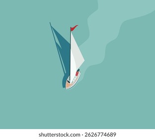 Yacht sails in the open sea. Vector illustration. Sketch for creativity.