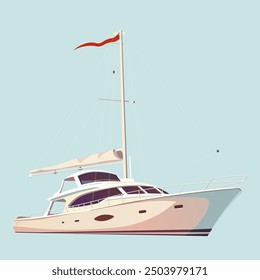 A yacht with sails and a red flag on a blue background. Vector illustration