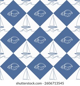 Yacht with sails and shells on a blue background, seamless pattern in the form of rhombuses. Ink drawing. Vector pattern for textiles, summer designs.