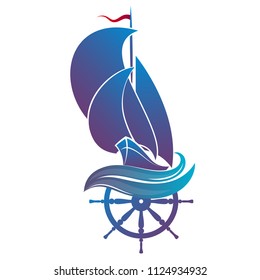 Yacht with sails silhouette and steering wheel
