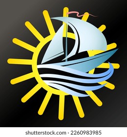 Yacht with sails and yellow sun. Design for sea cruise