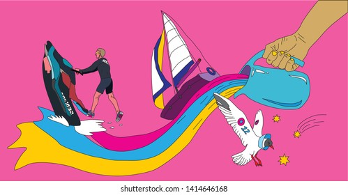 yacht, scooter, sea gull - modern art