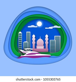 Yacht at sea with mosque in resort town. Tourist card illustration in paper cut style.