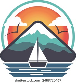 Yacht in the sea and mountains. Vector illustration of a sailboat.