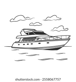 Yacht in the sea. Outline illustration on a white background. Sketch for coloring.