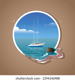 Yacht at sea with reflection and seagulls in white frame