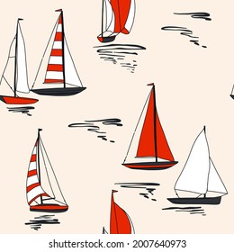 Yacht in the sea seamless pattern design red pastel beige summer print, marine trip , voyage