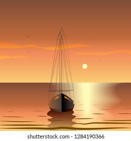 Yacht in the sea at sunset. Summer romantic trip