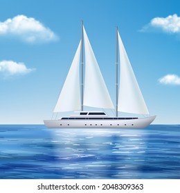 Yacht in sea. Travel water transport in ocean cruising boat expedition concept seascape ship decent vector realistic background