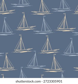 Patrón de yate sin fisuras en estilo de boceto dibujado a mano. Dibujo de arte de línea de impresión costera. Ilustración de vacaciones tropicales en estilo Doodle de moda para el diseño de viajes. Ilustración vectorial. No es IA