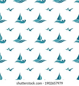 yacht seamless pattern with sea waves isolated on white background