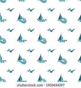 yacht seamless pattern with sea waves isolated on white background