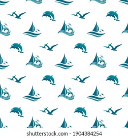 yacht seamless pattern with sea waves, gull and dolphin isolated on white background