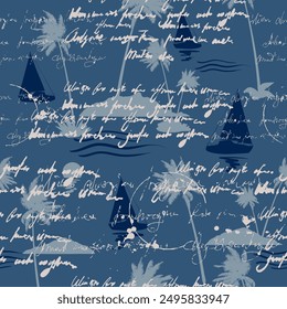 Yacht seamless pattern, unreadable text, handwritten notes, palm, sunset, vector illustration