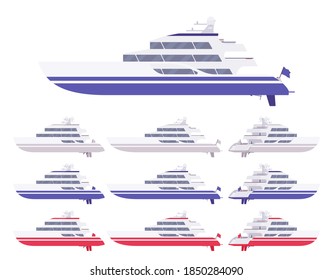 Yacht set, blue, white, red luxury boat for sea cruising, ocean racing adventure. Engine marine vessel to enjoy romantic sailing or travelling. Vector flat style cartoon illustration, different views