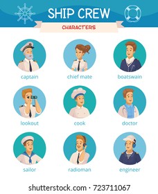 Yacht ship crew characters cartoon round icons set with captain sailor cook engineer boatswain isolated vector illustrations 