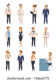 Yacht ship cruise liner crew characters cartoon icons set with captain cook stewardess sailor isolated vector illustration 