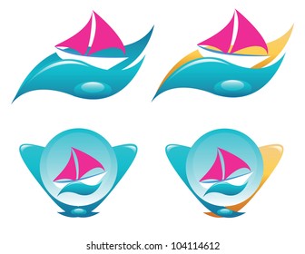 yacht, ship icons set with  abstract sand, wave