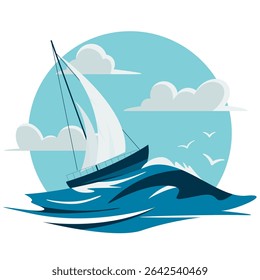 yacht ship on the waves and cloudy sky