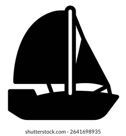 Yacht ship with raised sails solid icon, tropical voyage concept. Vector graphics. Sailboat traveling, water transport sign on white background, style mobile or design