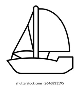 Yacht ship with raised sails thin line icon, tropical voyage concept. Vector graphics. Sailboat traveling, water transport sign on white background, style mobile or design