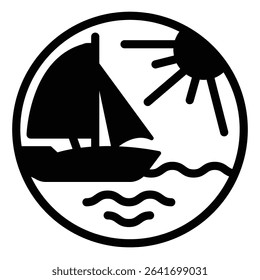 Yacht ship with sun at sea solid icon, tropical voyage concept. Vector graphics. Sailboat traveling, water transport sign on white background, style mobile or design