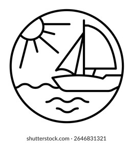 Yacht ship with sun at sea thin line icon, tropical voyage concept. Vector graphics. Sailboat traveling, water transport sign on white background, style mobile or design