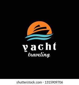 yacht ship, sun and waves for traveling logo icon vector template