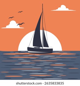 yacht silhouette in moonlight, vivid marine landscape