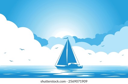 Yacht silhouette on blue sea and sky with clouds background. Vector template for travel advertisement