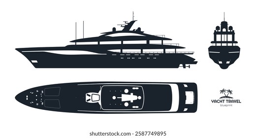 Yacht silhouette. Side, front and top views of private ship. Luxury boat blueprint. Cruise motorboat industrial drawing. Black template. Vector illustration