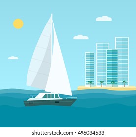 Yacht, skyscrapers, seascape. Vector flat illustration