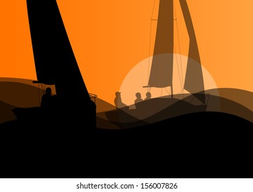 Yacht sports sailing with active men in sea and ocean background illustration vector