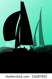 Yacht sports sailing with active men in sea and ocean background illustration vector